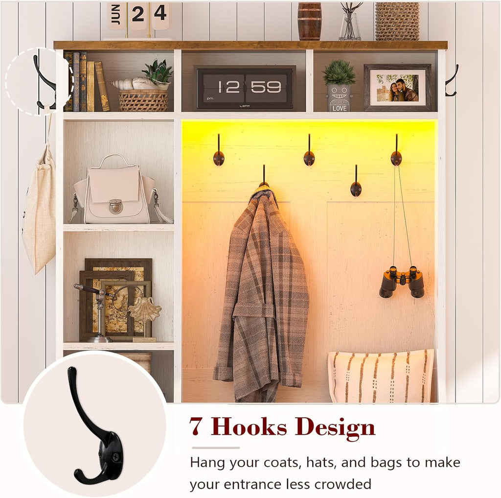 Hall Tree with Bench and Shoe Storage, Farmhouse Entryway Bench with Coat Racks and Led Lights, Tall Hall Tree with 7