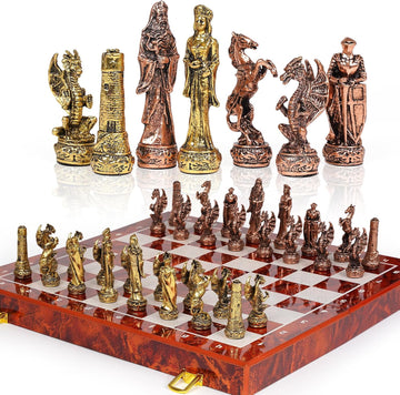 Vintage Figurine Metal Chess Set for Adults and Kids - 15'' Wooden Board with Metal Pieces - Travel Chess Set