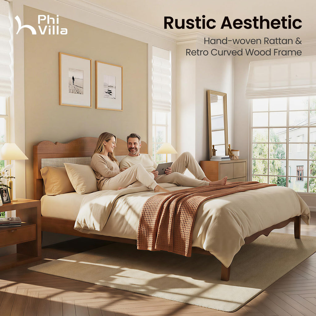 Solid Wood King Size Bed Frame with Adjustable Headboard