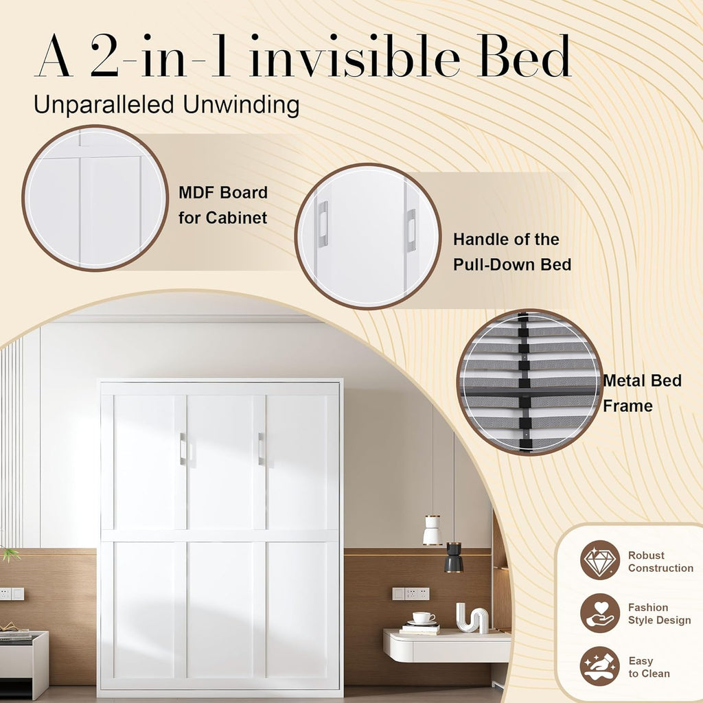 Queen Murphy Bed Chest, Space Saving Folding Cabinet Wall Bed Frame, Foldable Hideaway Cabinets Platform Beds Frames