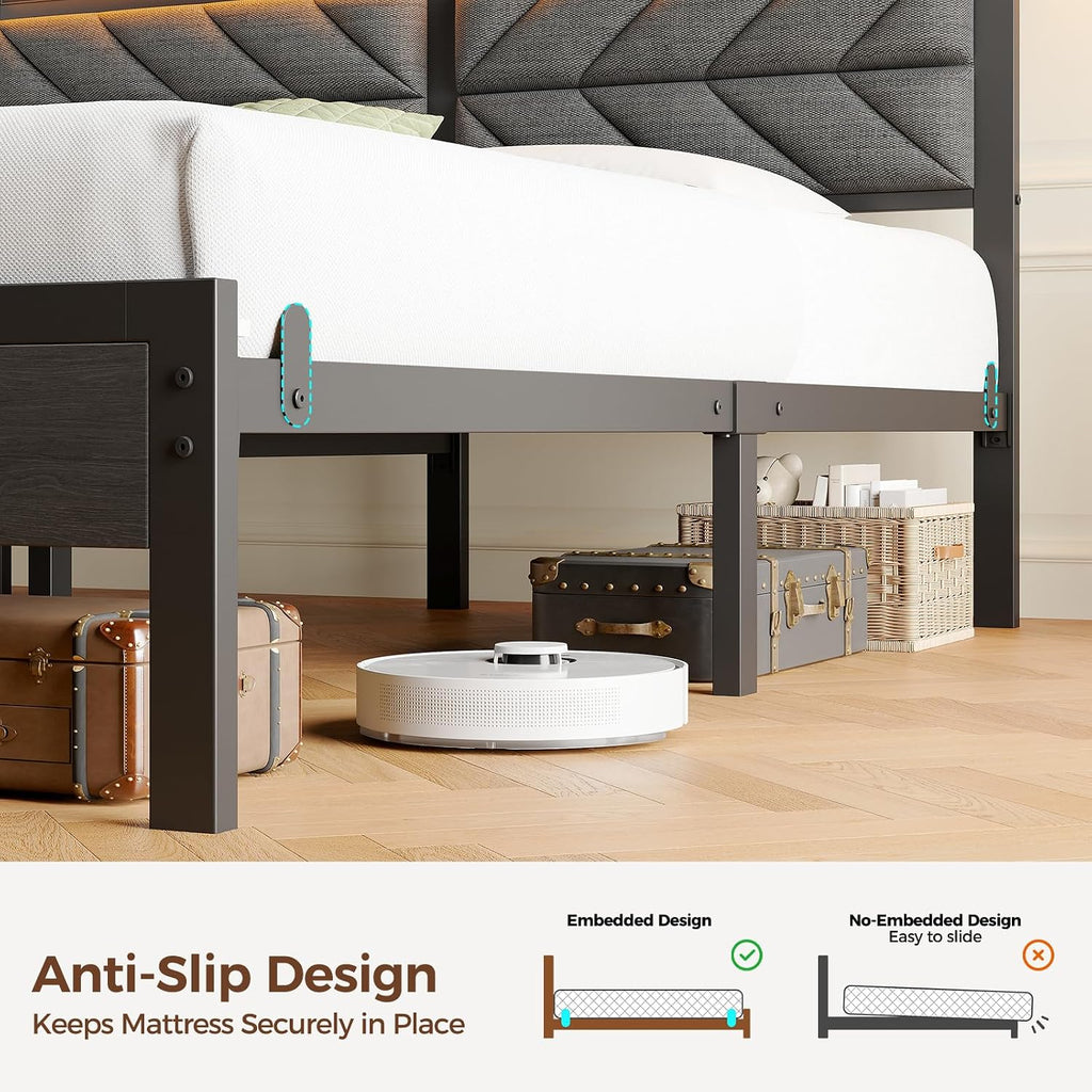 Bed Frame Full with Charging Station, LED Bed with Upholstered Storage Headboard