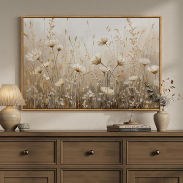 Framed Vintage Floral Wall Art, Neutral Rustic Botanical Flower Market Canvas Artwork for Modern Farmhouse, White