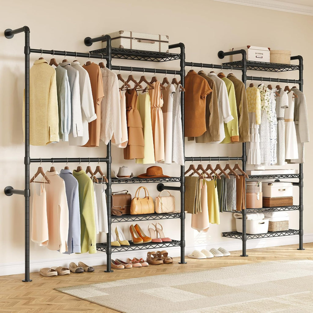 H4 Wall Mounted Closet System, Expandable Industrial Pipe Clothes Rack Clothing Rack for Hanging Clothes, Heavy Duty