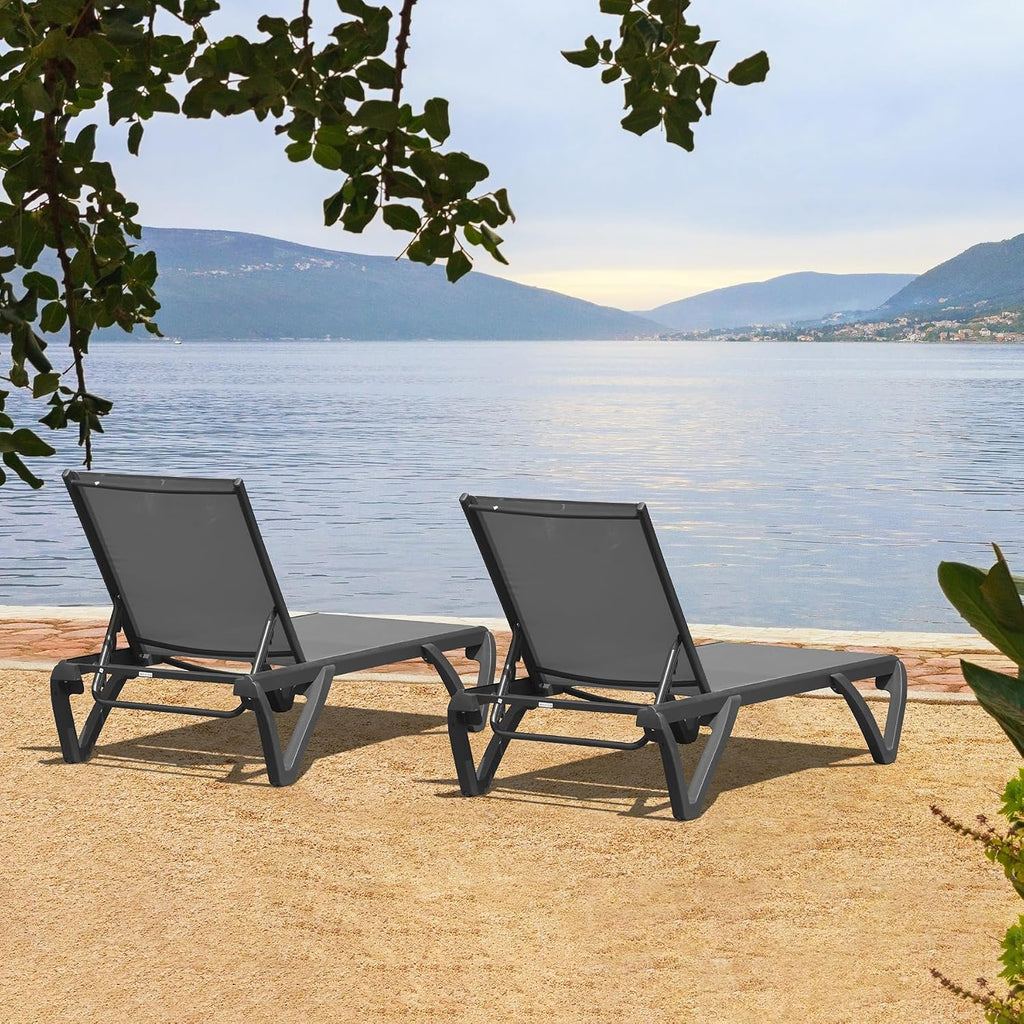 Pool Lounge Chairs Set of 2, Aluminum Adjustable Outdoor Chaise Lounge with Wheels, All Weather Outdoor Lounge