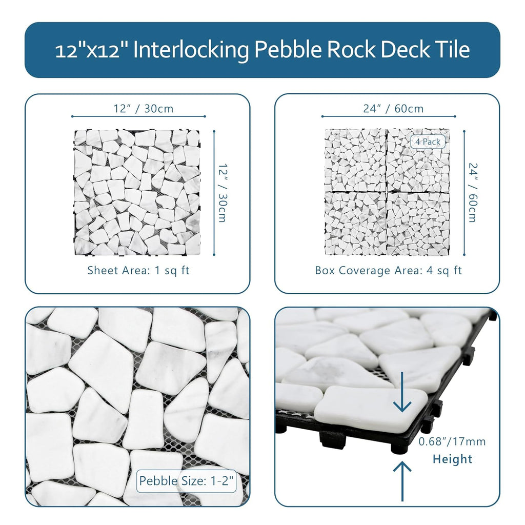 4PCS Natural Pebble Interlocking Deck Tiles, 12" x 12" Recycled Glass Marble Looks Waterproof Patio Deck, Outdoor &