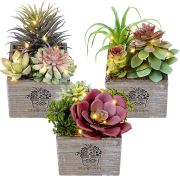 Small Fake Plants, Succulent Plants Artificial with Led Lights 3 Pack | Fake Succulents Decor Artificial Plants