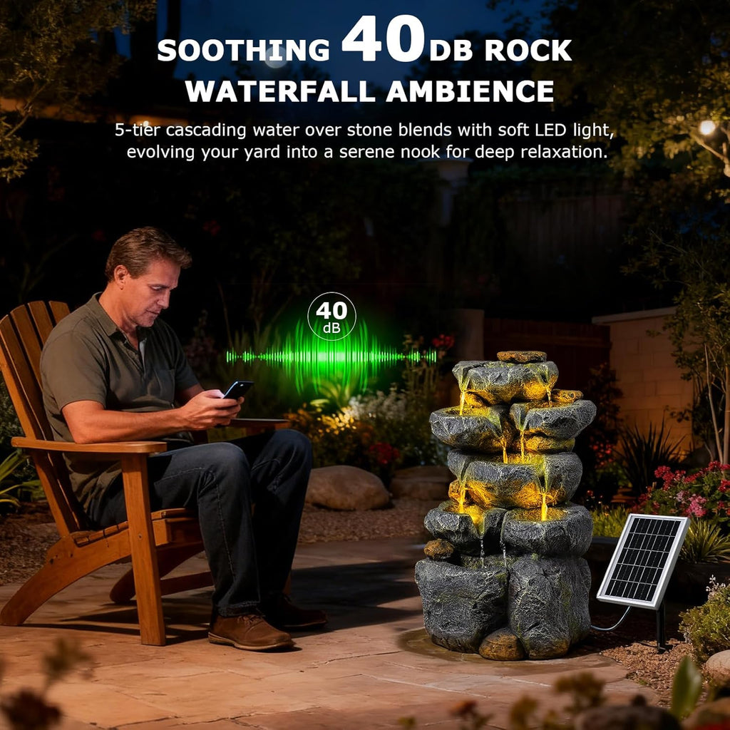 5 Tiered Solar Powered Water Fountain, Solar Water Fountain Outdoor Garden Cascading Rock Water Fall Fountains