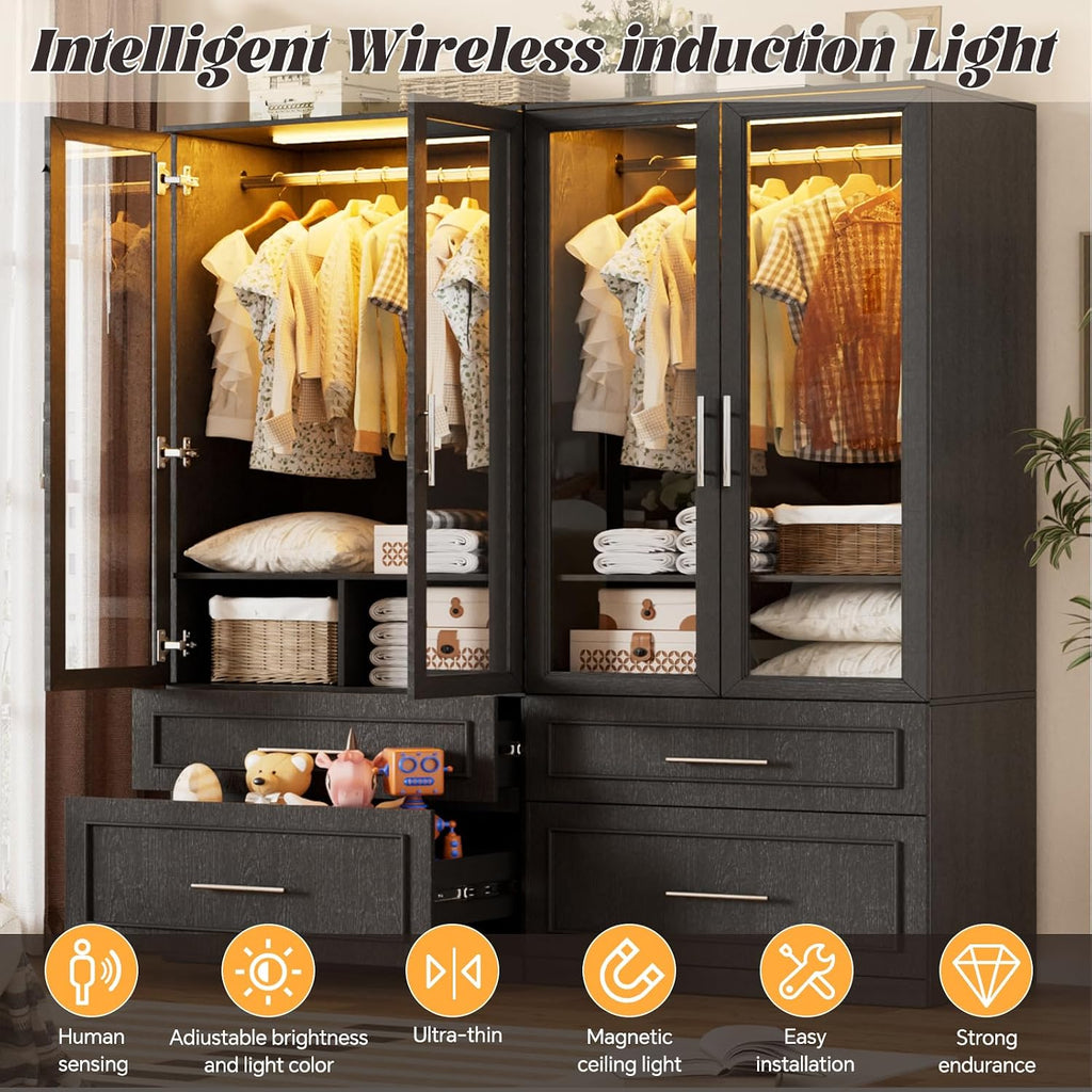 Armoire Wardrobe Closet with Glass Door and Drawers, Bedroom Closet Wardrobe Cabinet with Hanging Rod, Lighted