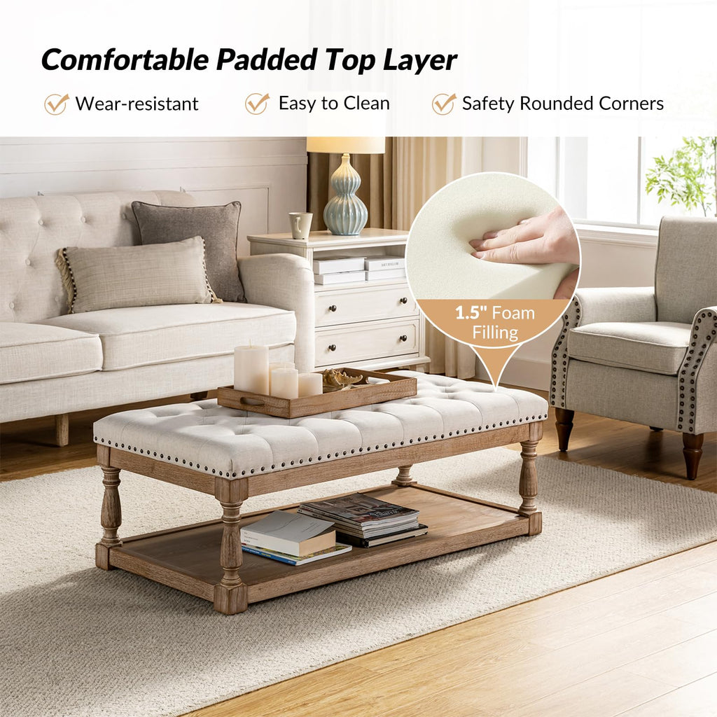 Storage Tufted Ottoman Coffee Table with Solid Wood Legs, Ivory
