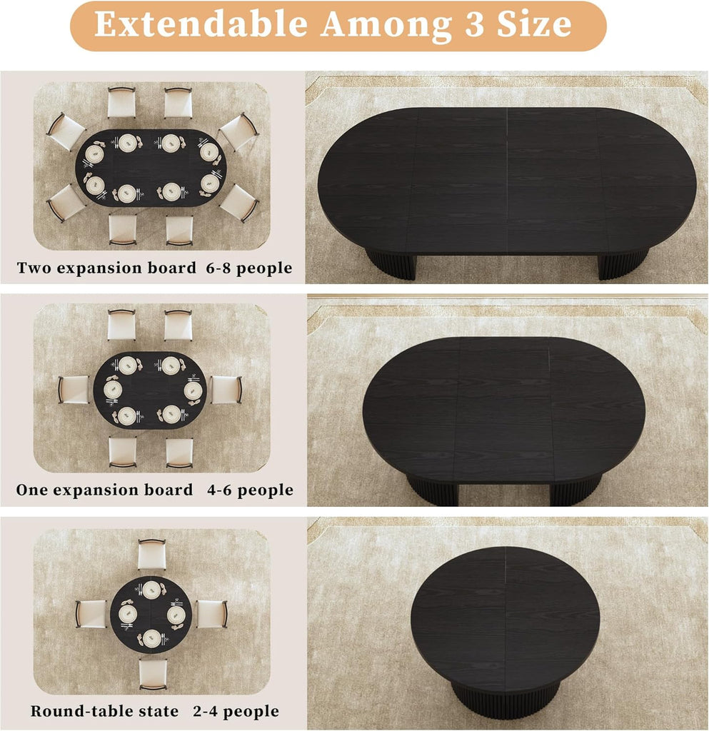 Extendable Round Dining Table for 4-8, 39in-77in Long Large Kitchen Table with Fluted Base, Space Saving Modern