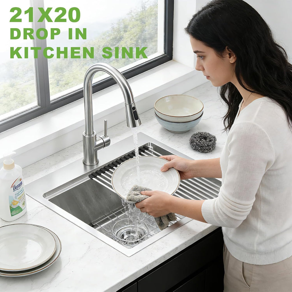21x20x10 Inch Drop In Kitchen Sink, T304 16-Gauge Stainless Steel Single Bowl, Soundproof Brushed Finish, Includes