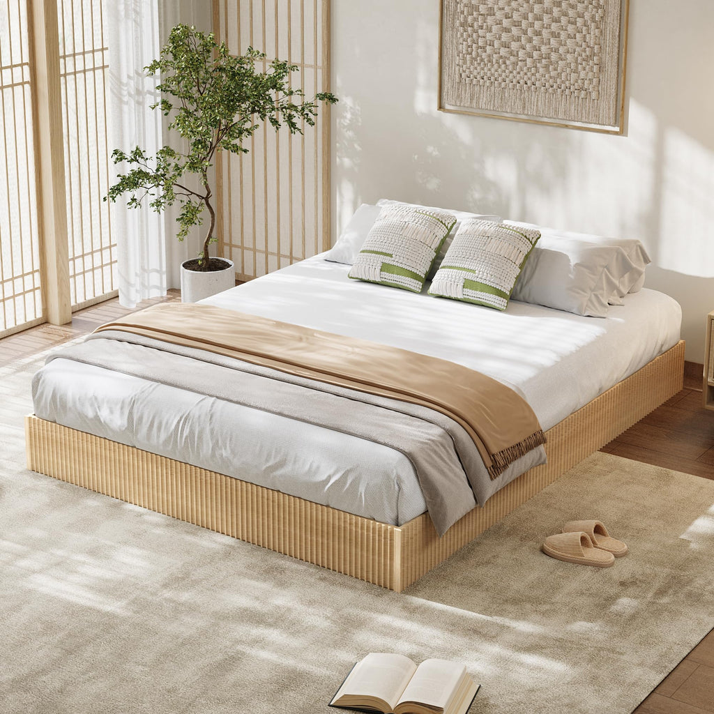 Full Bed Frame, Wood Platform Bed with Fluted Design