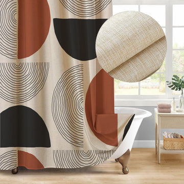 Boho Minimalistic Linen Shower Curtain Abstract Geometric Shapes Lines Fabric Shower Curtain Set with Hooks, Mid