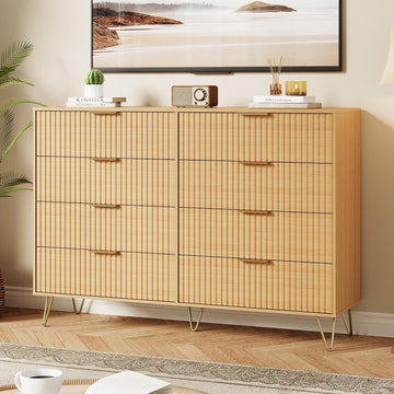 Fluted Dresser with 8 Drawers,55" Wide Modern Chest of Wooden Bedroom Chest with Metal Handle,Clothes Storage