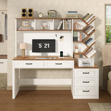 Computer Desk with Hutch & 5 Drawers, Home Office Desk with Storage Shelves and Printer Stand