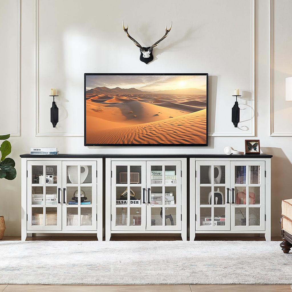 Large Sideboard Buffet Cabinet with Storage, 32" Farmhouse White Kitchen Coffee Wine Bar Cabinet with 4 Glass Doors