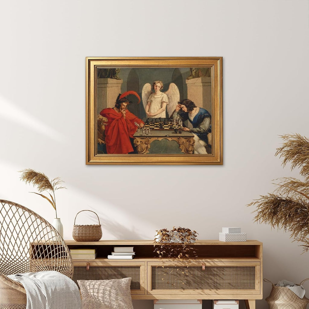 Gold Framed Faust And Mephistopheles Playing Chess Poster Wall Art Vintage Classic Oil Paintings Reproduction Canvas