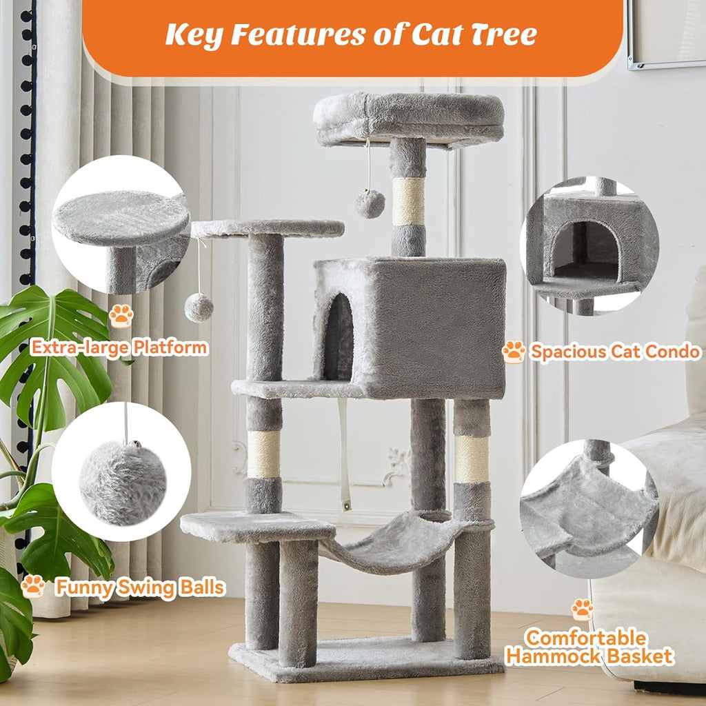 44 Inch Cat Tree Tower, Cat Climbing Tower with Natural Sisal Scratching Posts, Hammock