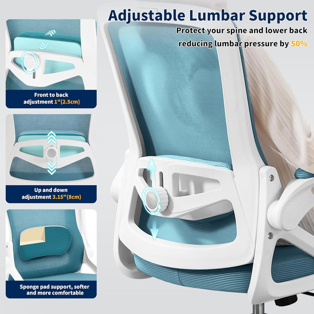 Ergonomic, Desk Chair with Adjustable Lumbar Support, Breathable Mesh Comfy Computer Chairs with Flip-up Armrests