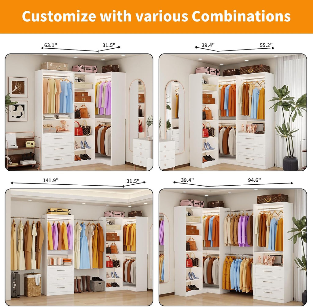 Closet System with 3 Drawers, Corner Closet Organizer Systems with 7 Shelves & 5 Hanging Rods L-Shaped Walk in Closet