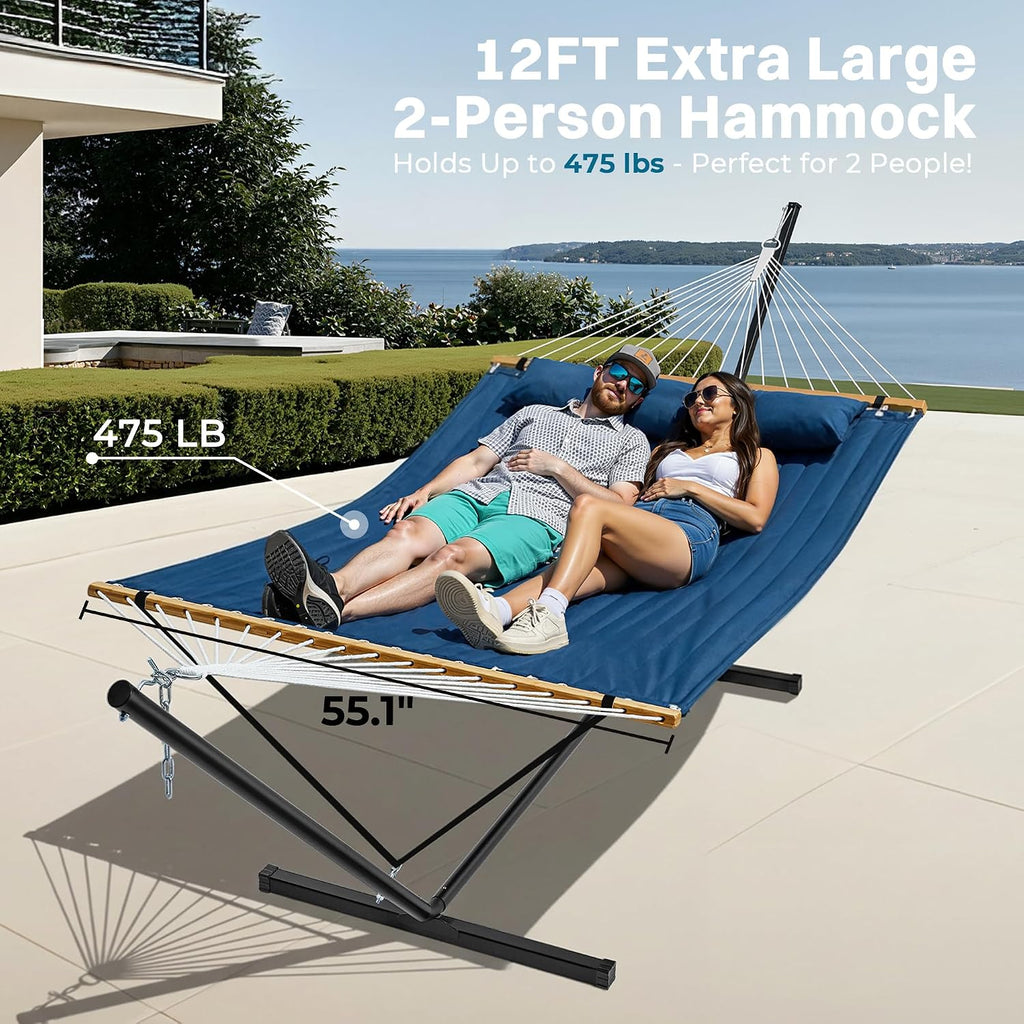 Hammock with Stand, 2 Person Quilted Outdoor Hammock, Detachable Pillow & Bamboo Spreaders, Portable Hammock with