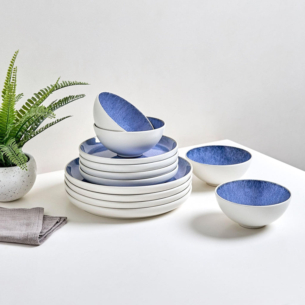 12-Piece Stoneware Dinnerware Set for 4, Light Blue Reactive Glaze on White Plates and Bowls Sets, Kitchen Ceramic