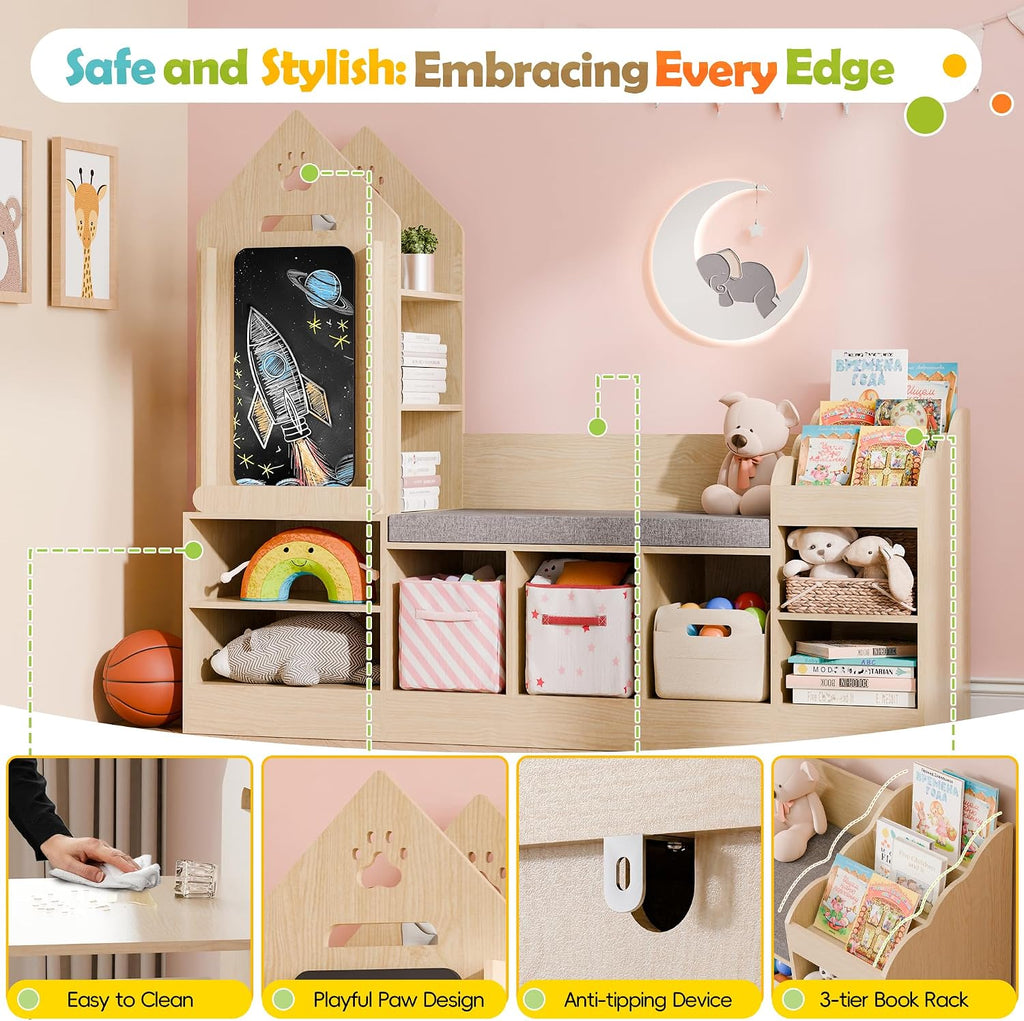 Kids Bookshelf with Reading Nook, Wooden Toy Storage Organizer with Chalkboard and Bench, Kids Reading Nook for