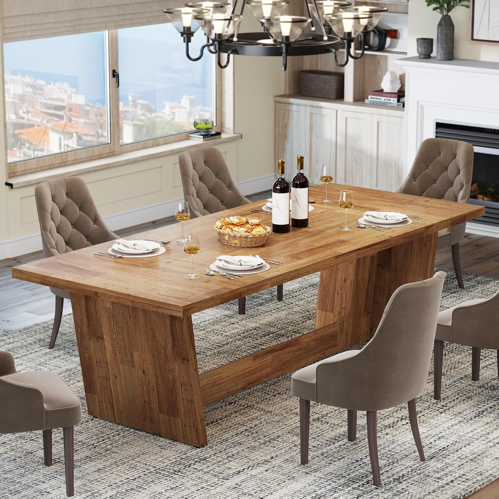 70.87-Inch Large Dining Table: Wood Long Dining Room Table for 6-8, Rectangular Farmhouse Kitchen Dinner Table with Solid Pedestal, Yellow Brown
