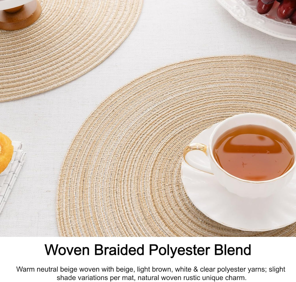 15 inch Round Placemats, Cotton Polyester Woven Braided Place Mats, Washable Heat Resistant Circle Table - Set of 6