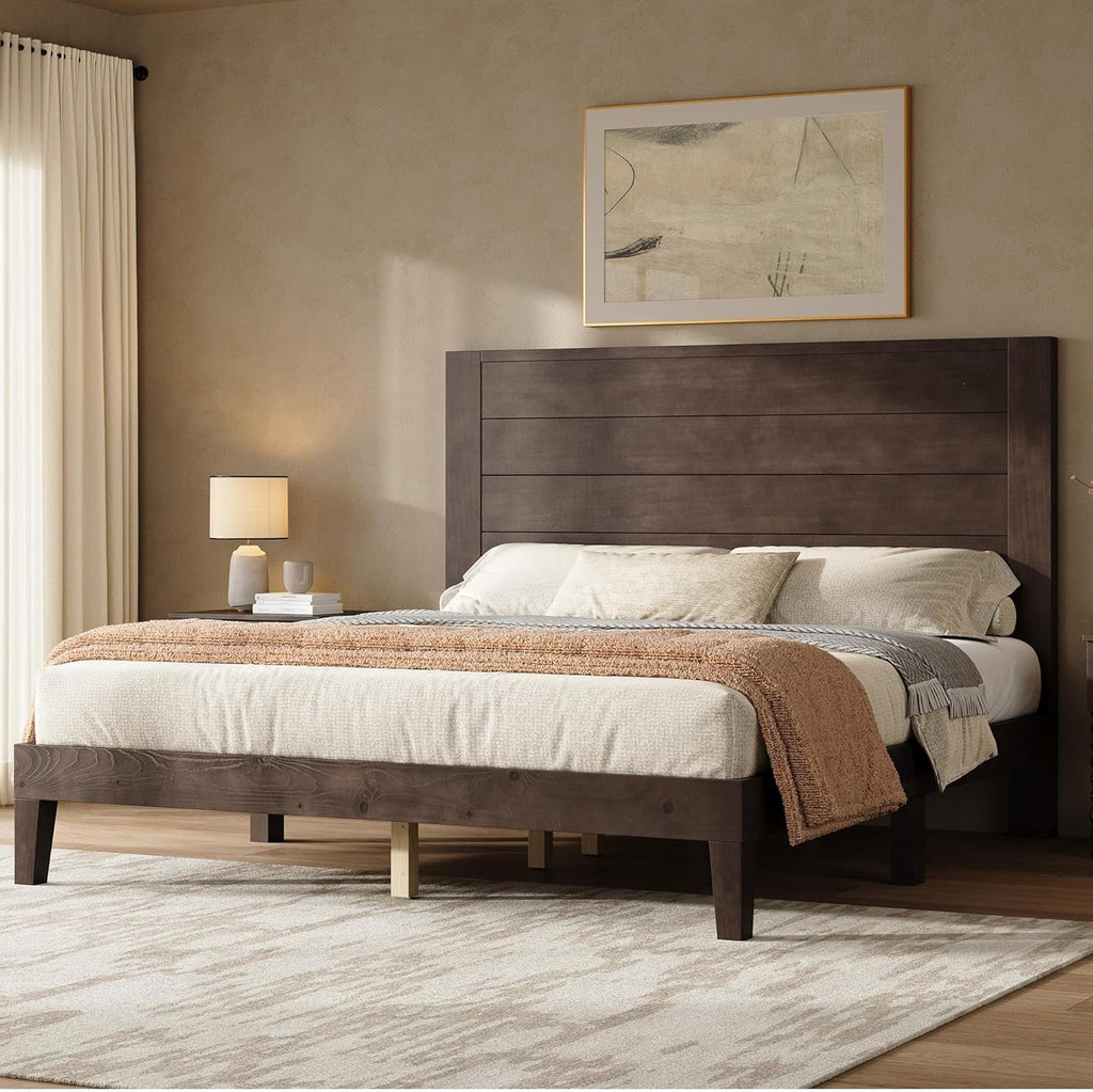 Queen Bed Frame with 48" Tall Headboard, Mid Century Modern Solid Wood Platform Bed with Silent Wood Slat System, No