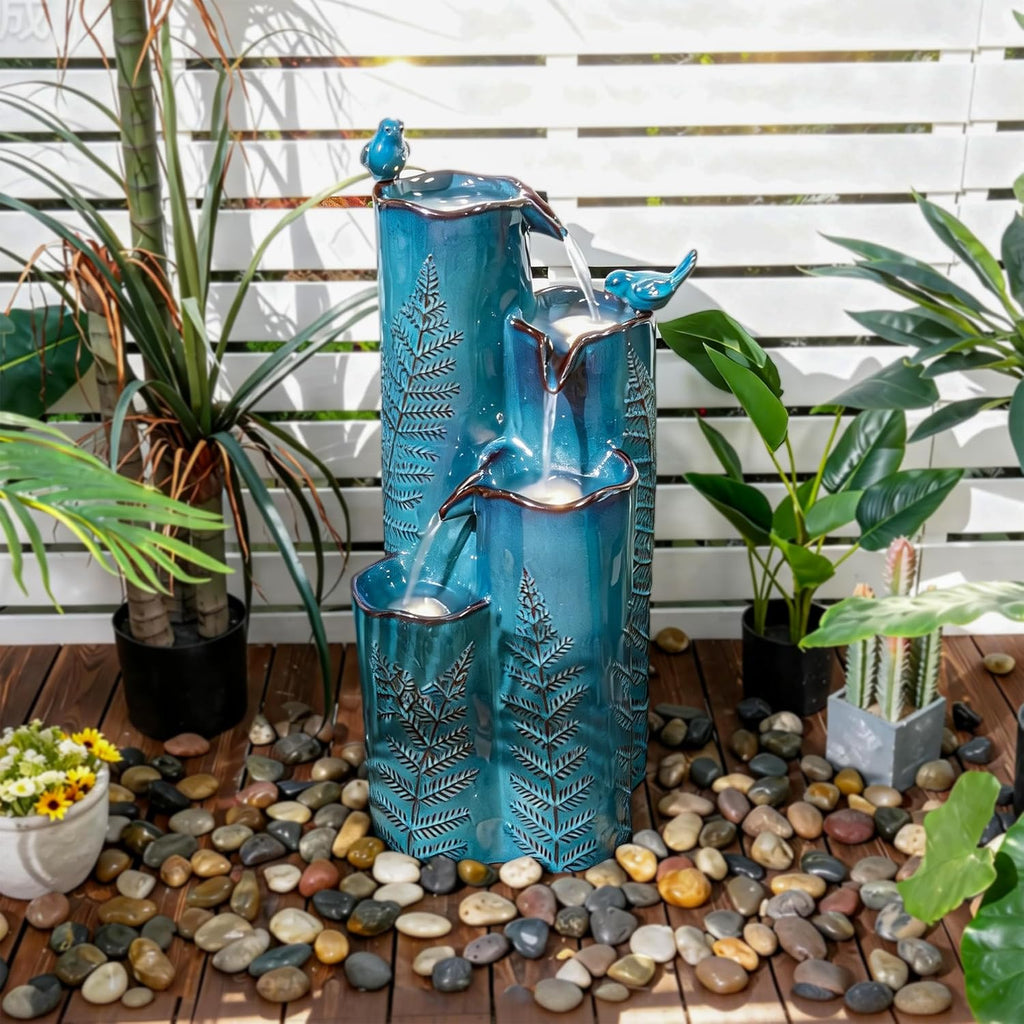 AUTODAYA 32" H Ceramic Outdoor Water Fountain, 4-Tier Tropical Cascading Waterfall with LED