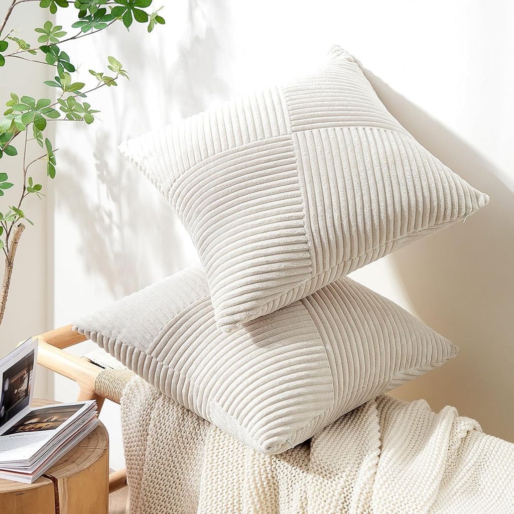 Cream White Decorative Neutral Throw Pillow Covers 18x18 Inch, Soft Corduroy Striped Patchwork Windmill Textured