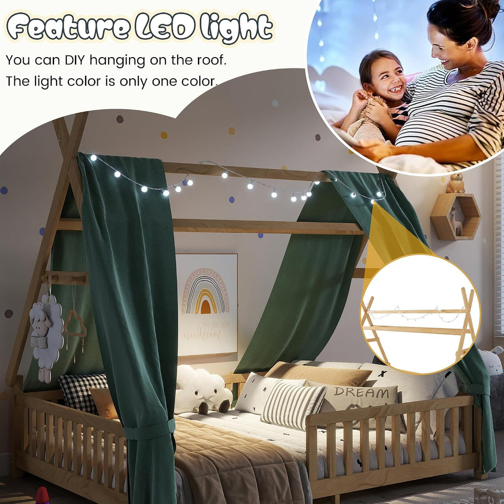Montessori Bed Full Size with Light and Slats, Wood Teepee Floor Bed for Kids Boys Girls,House Bed Frame with Rails &