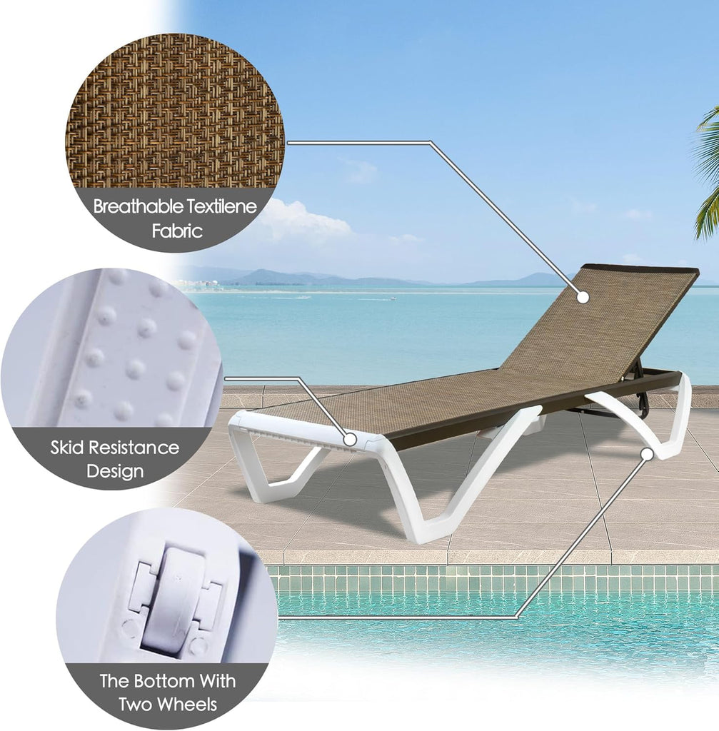Outdoor Chaise Lounge Chair, Fully Flat Adjustable Patio Lounger | Aluminum Frame & Resin Legs, Textilene Fabric