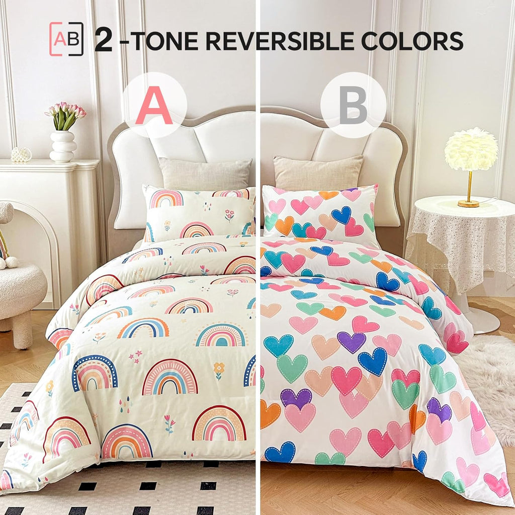 Lightweight Soft 3 Piece Rainbow Comforter Set with 2 Pillow Covers, Cartoon Love Hearts Flowers and Grass Bedding