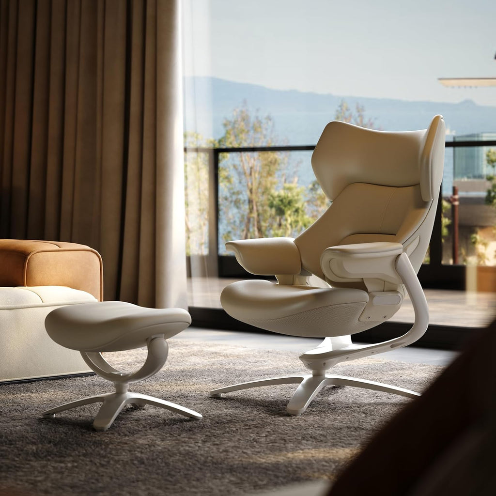Modern Reclining Swivel Lounge Chair and Ottoman — White Genuine Leather