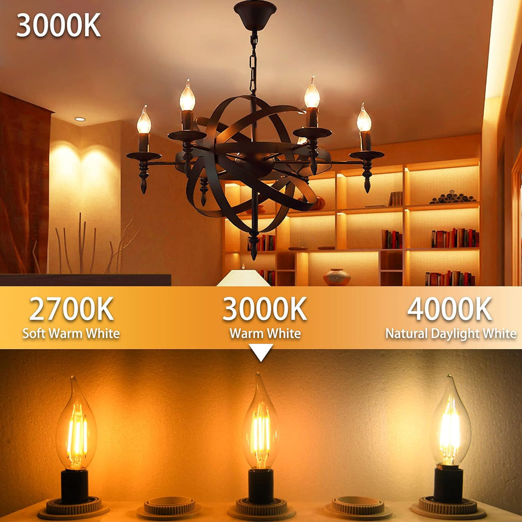 E12 LED Candelabra Bulbs Dimmable, 60 Watt Equivalent 3000K Warm White Chandelier Light Bulbs, 4W Filament Candle LED