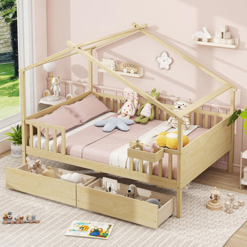 Full House Bed with Drawers, Wooden Full Size Bed Frame with Cube Storage & Fence Rails, Montessori Beds for Kids