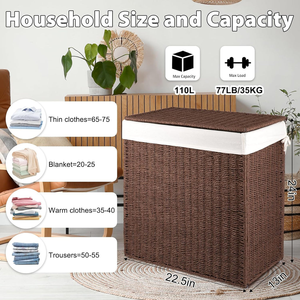 Laundry Hamper with Lid, 110L(29.1 Gal) Large Wicker Laundry Basket , Handwoven Paper Rope Clothes Hamper with