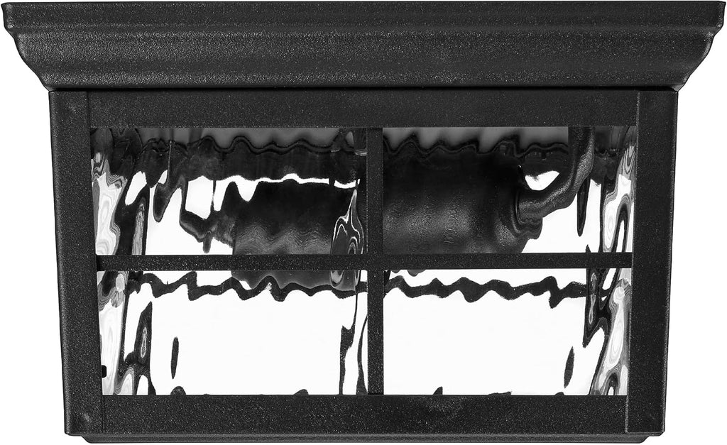 Outdoor Flush Mount Ceiling Light Fixture, Black with Water Glass | Square Farmhouse Porch or Patio Light