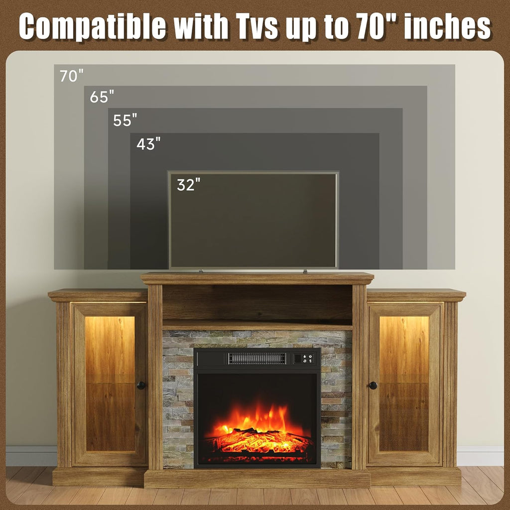 Fireplace TV Stand for 65 Inch TV, Entertainment Center with 18 inch Electric Fireplace & LED Lights,Mordern Media