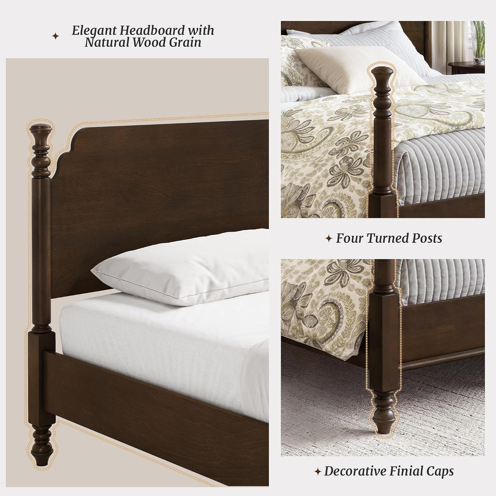 Solid Wood Spindle Post Bed Frame King with Headboard, Traditional Wooden Platform Bed, 13 Wood Slat Support, No Box