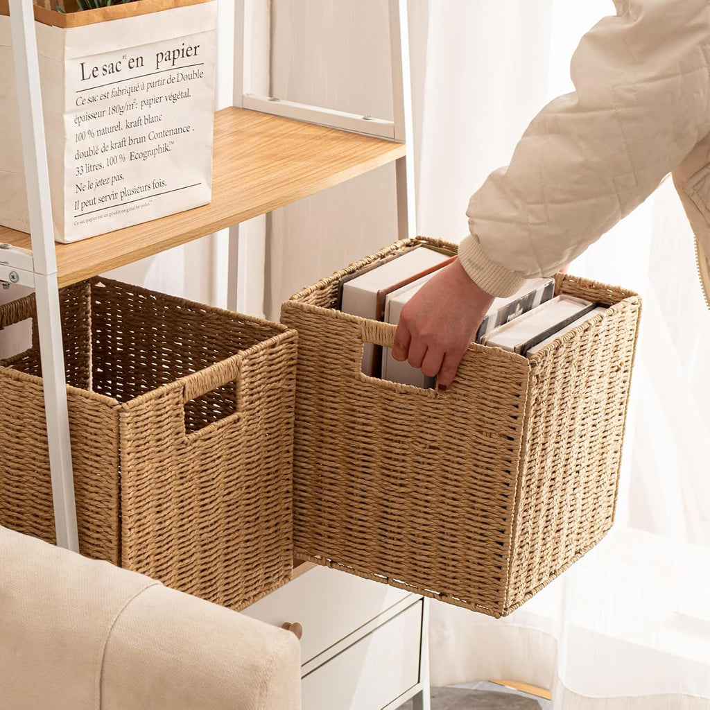 Foldable Storage Baskets with Handles Paper Rope Storage Baskets Rectangle Collapsible Hand Woven Storage Cubes Bins