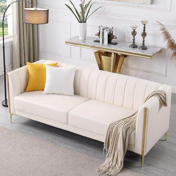 White Leather Couch Sofa, Office Couches 78'' Apartment Faux Leather Sofa with 2 Throw Pillows & Gold Metal