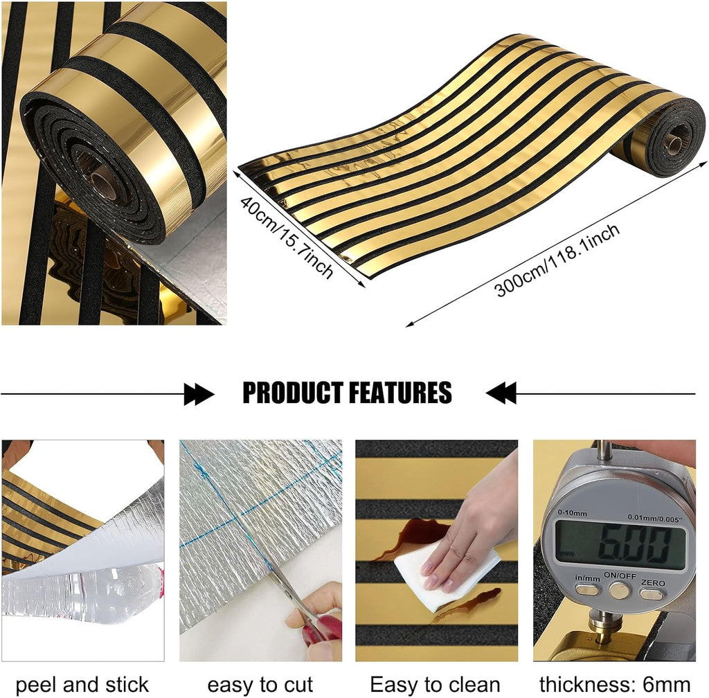 Mirror Striped Peel and Stick Wallpaper 6mm Thick 3D Gold Wall Decor Stripe Wallpaper Self-Adhesive Removable