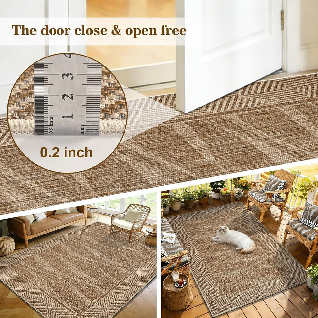 Jute Rug 5x7 Outdoor Patio Rug with Border, Washable Rugs for Living Room, Farmhouse Non Slip Area R