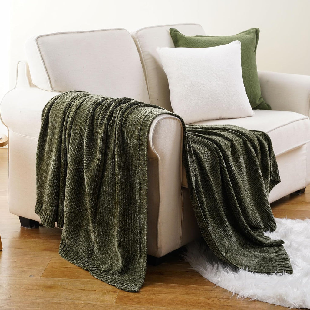 Olive Green Chenille Throw Blanket, Cozy Knit Throw Blanket, Super Soft Warm Green Blankets Chenille Blankets, 51"x67"