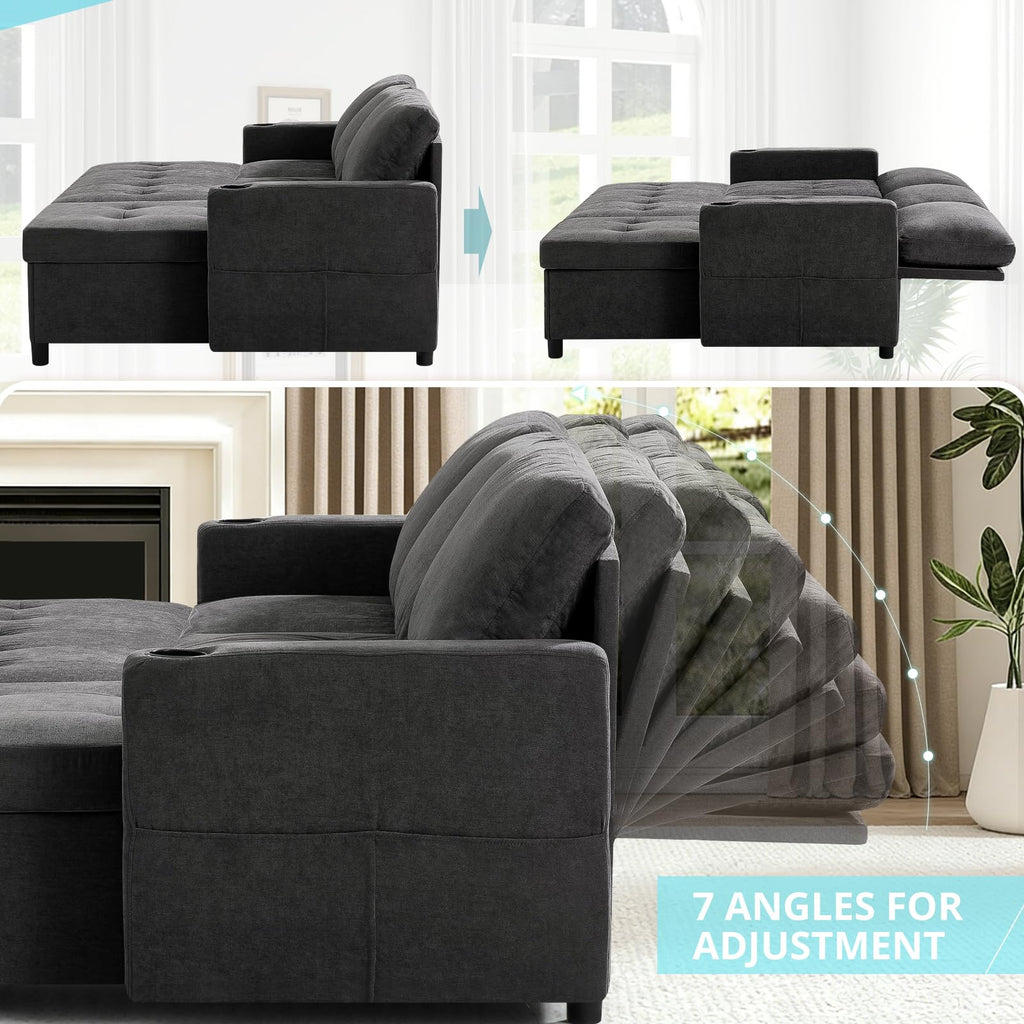 84" Sectional Pull Out Sofa Bed with Adjustable Backrests, Grey