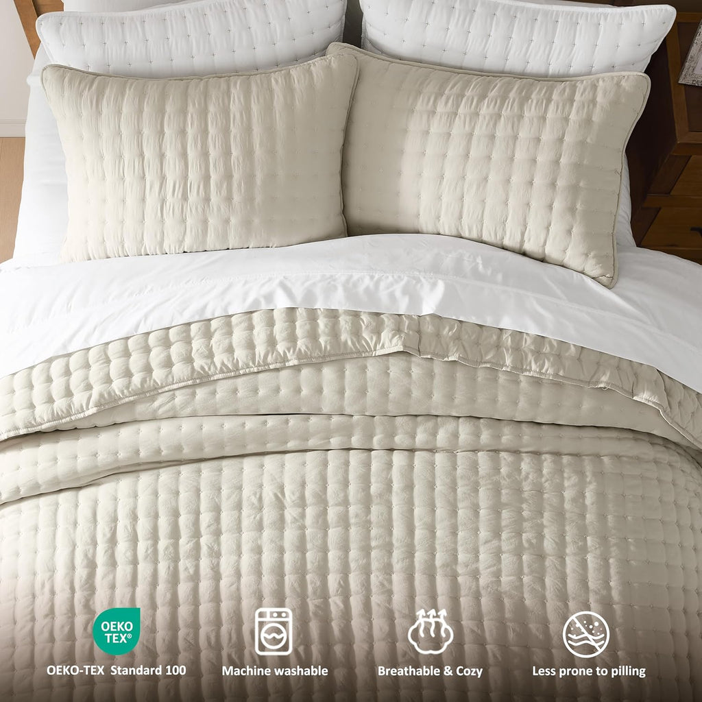 Beige Quilts Bedding Sets with 2 Pillow Shams, Neutral Lightweight Soft Bedspread Coverlet, Quilted Blanket