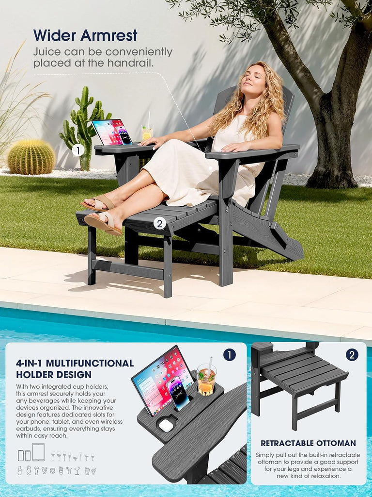 Folding Adjustable Adirondack Chair with Ottoman & 2 Cup Holders Set of 2, HDPE Adirondack Recliner Chair with